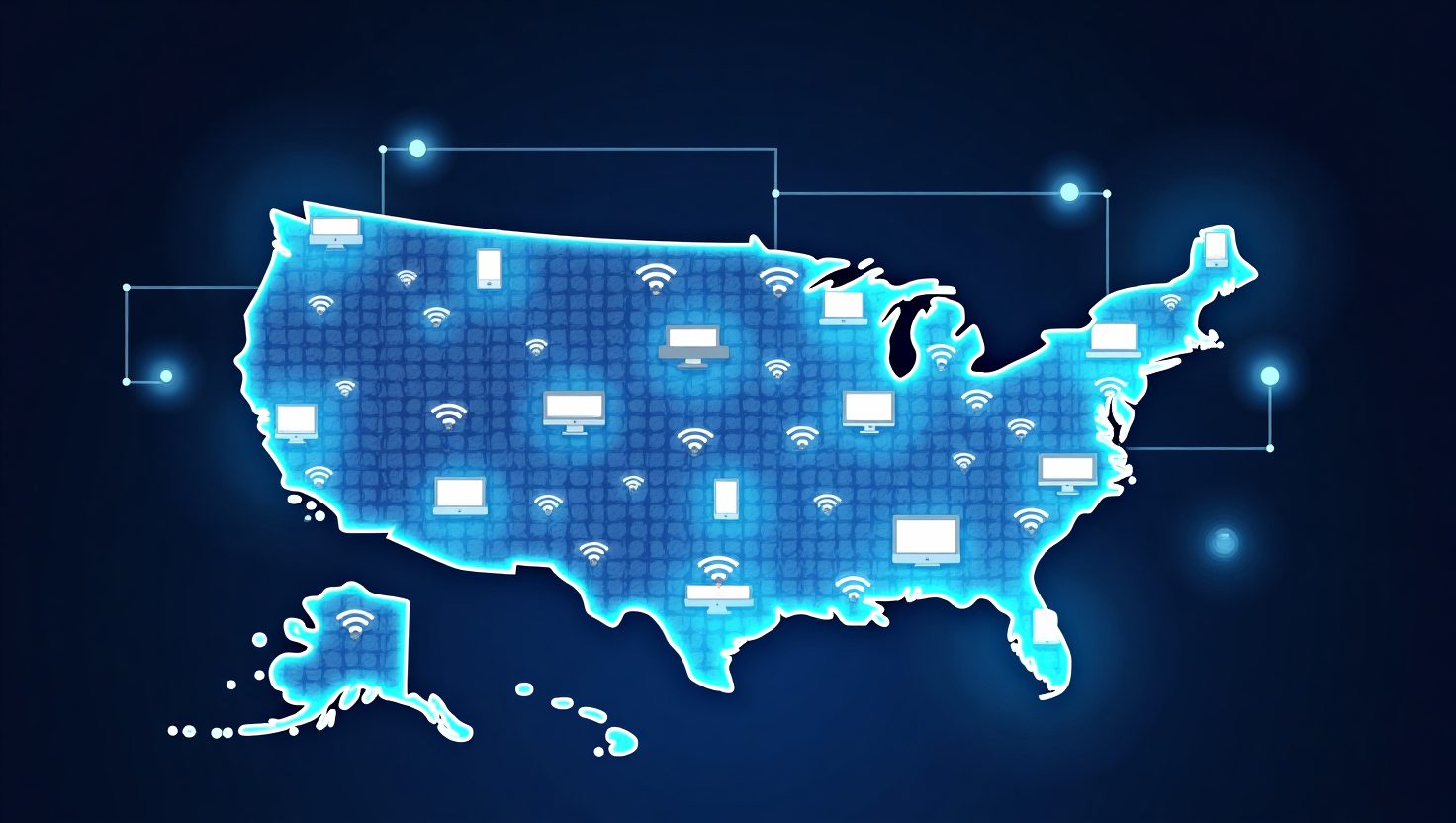 Glowing U.S. map with streaming icons and Wi-Fi signals.