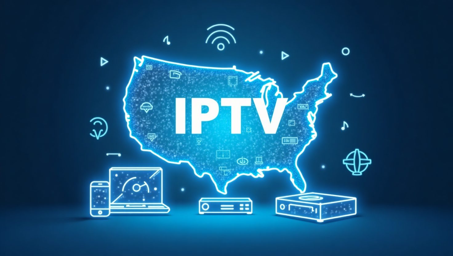 Glowing U.S. map with 'IPTV' text, streaming icons, and devices.