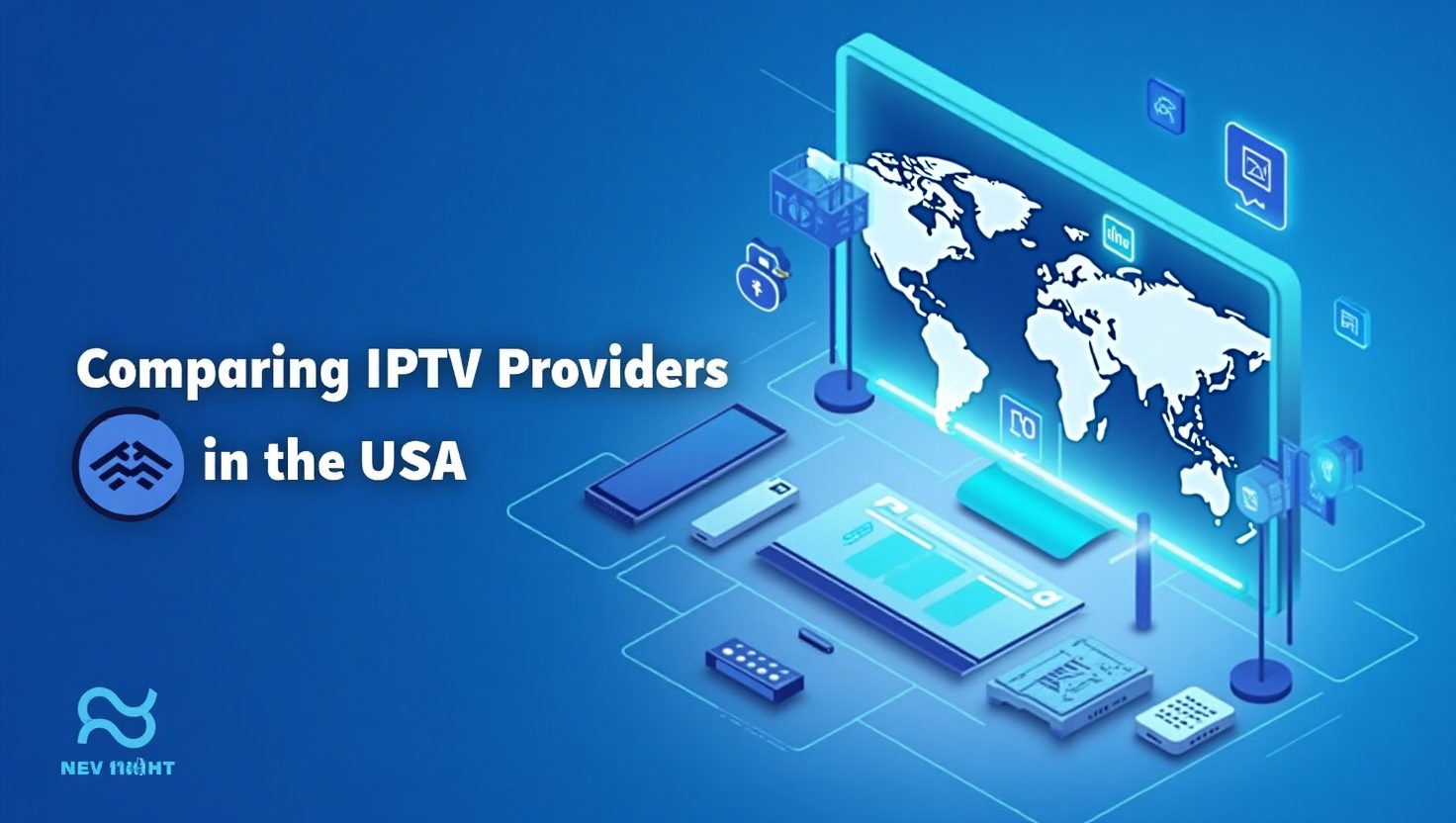 Futuristic IPTV concept with a world map, smart devices, and 'Comparing IPTV Providers in the USA